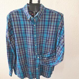 CHAPS MEN XL BLUE AND TURQUOISE PLAID 60% COTTON 40% POLYESTER LONG SLEEVE SHIRT